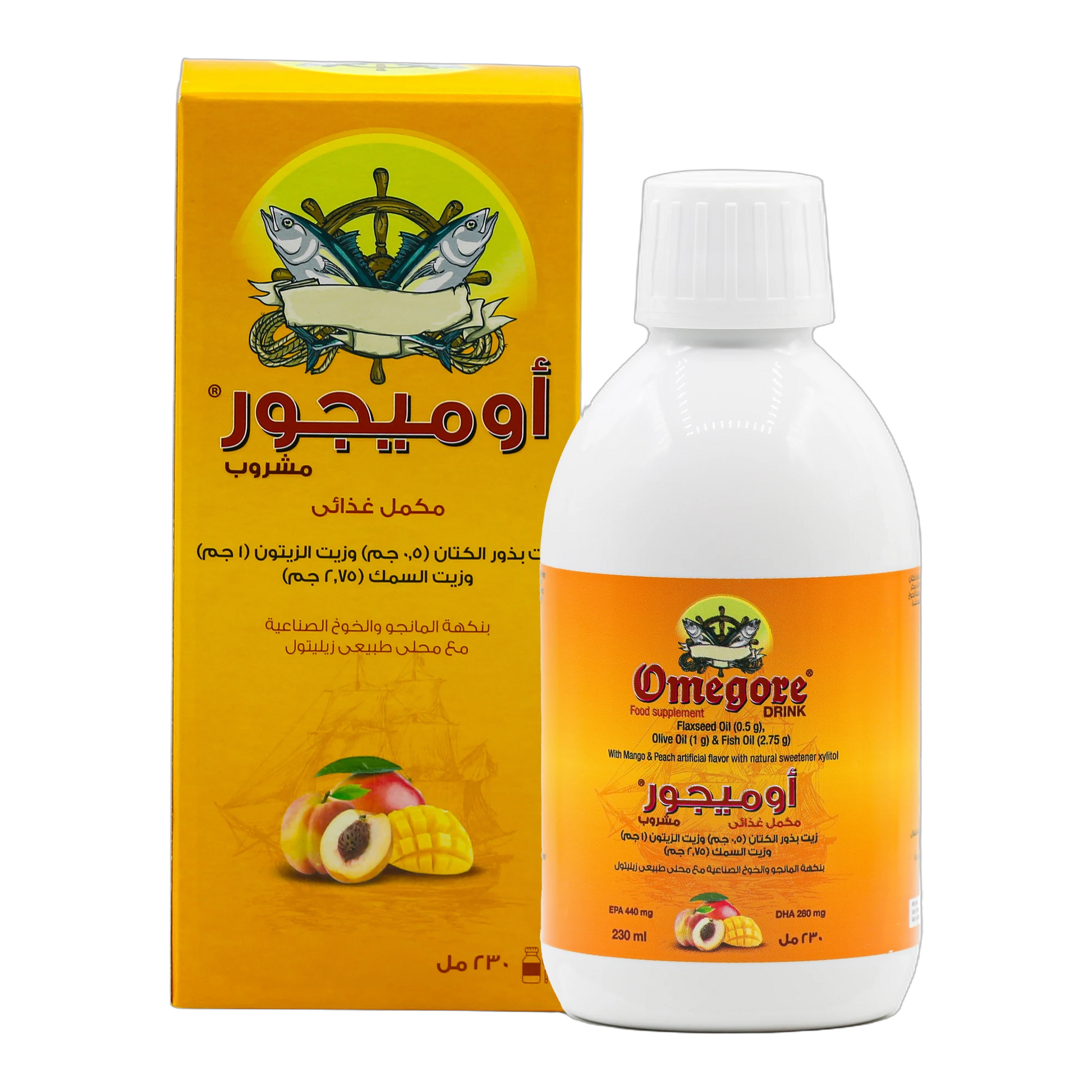 Omegore Fish Oil 2750 mg, Olive Oil 1000 mg, and Flaxseed Oil 500 mg Drink Mango and Peach Flavor  230 ml