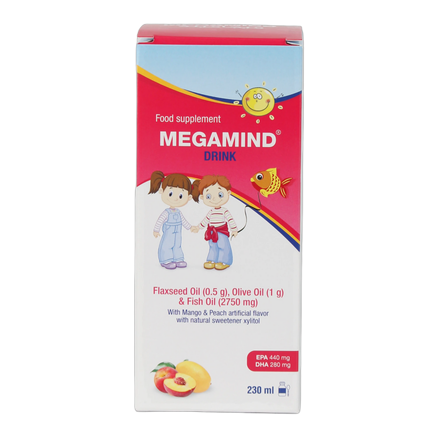 Megamind Drink Fish Oil 2.75 g, Olive Oil 1 g and Flaxseed Oil Mango and Peach Flavor 230 ml Syrup