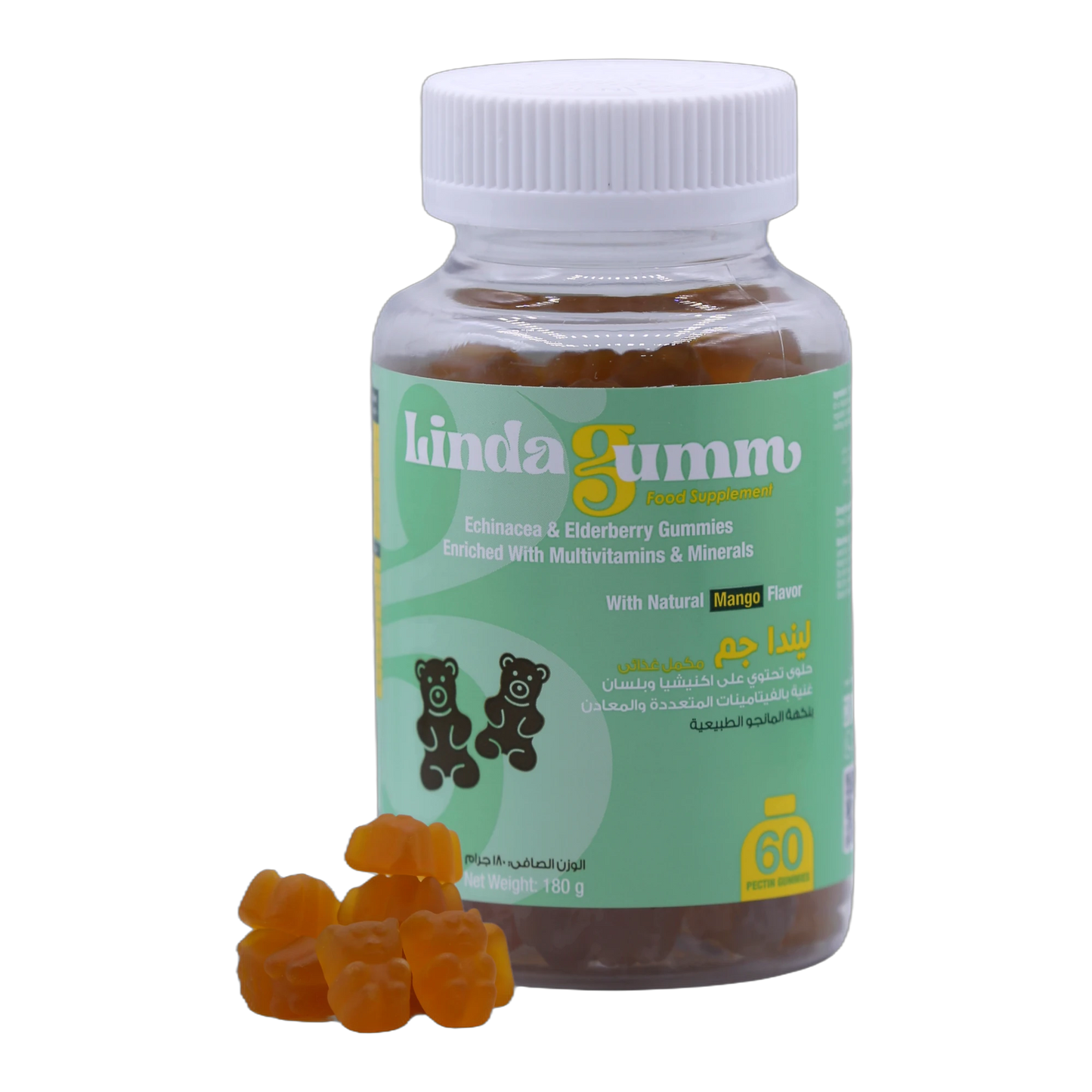 Lindagumm Echinacea Elderberry Vitamin C 30 mg, Vitamin D 10 mcg, Zinc 4 mg Mango Flavor 60 Gummies