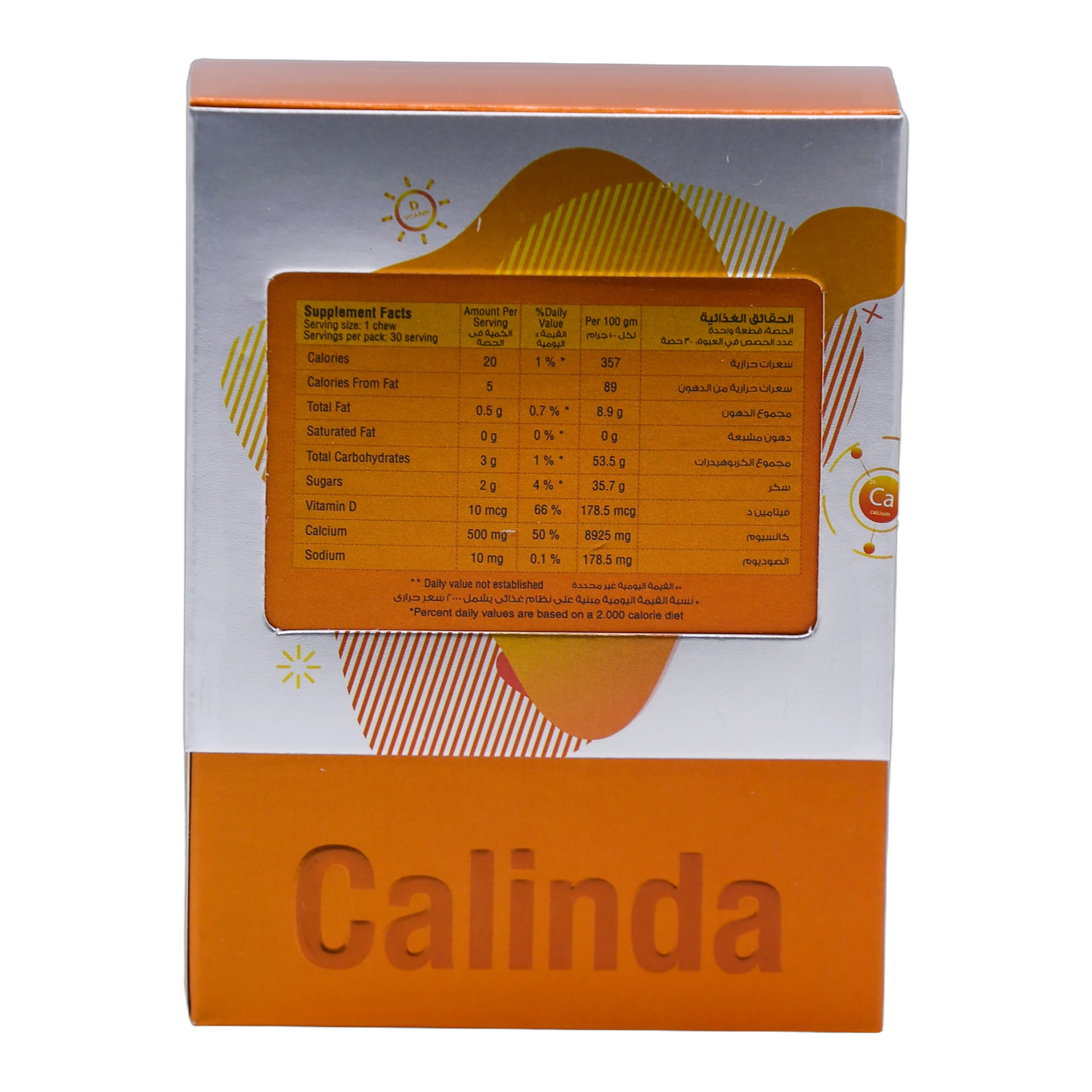 Calinda Calcium 0.5g with Vitamin D3 400 IU Milk Chocolate Flavor 30 Pieces