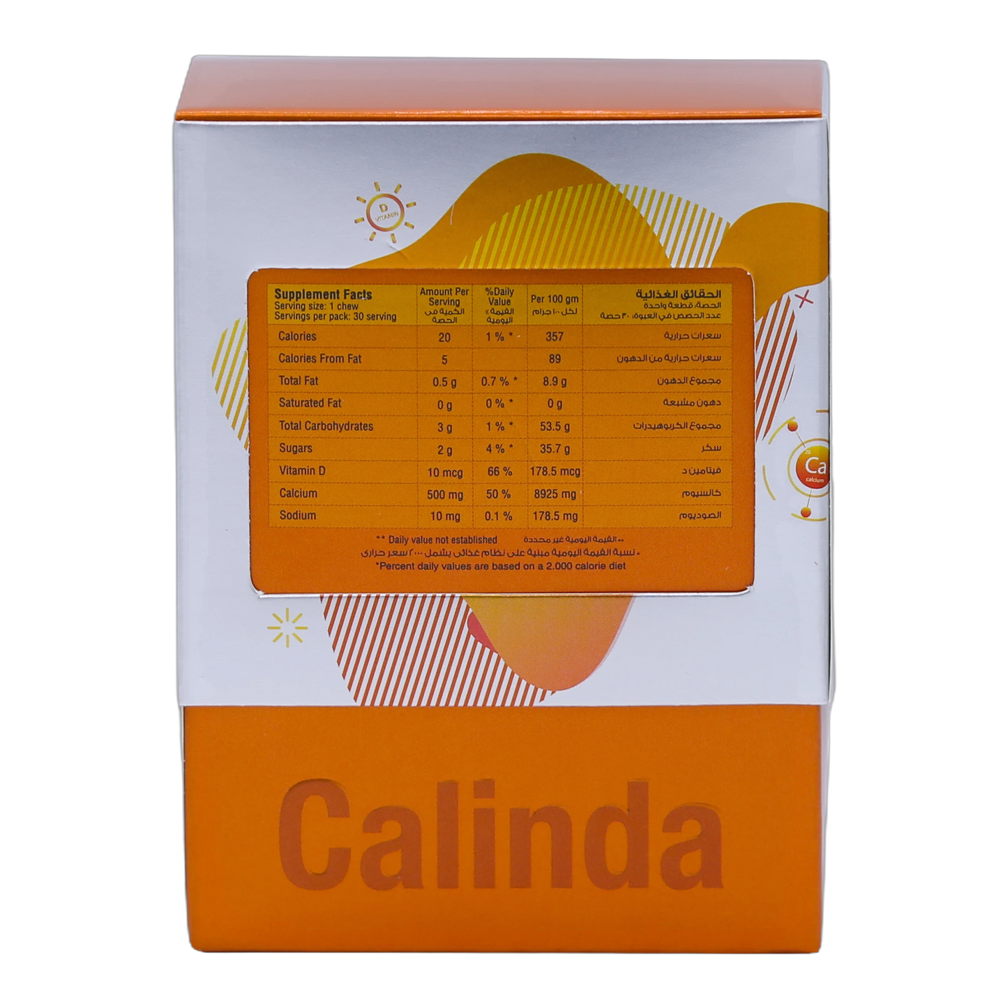 Calinda Calcium 0.5g with Vitamin D3 400 IU Milk Chocolate Flavor 30 Pieces