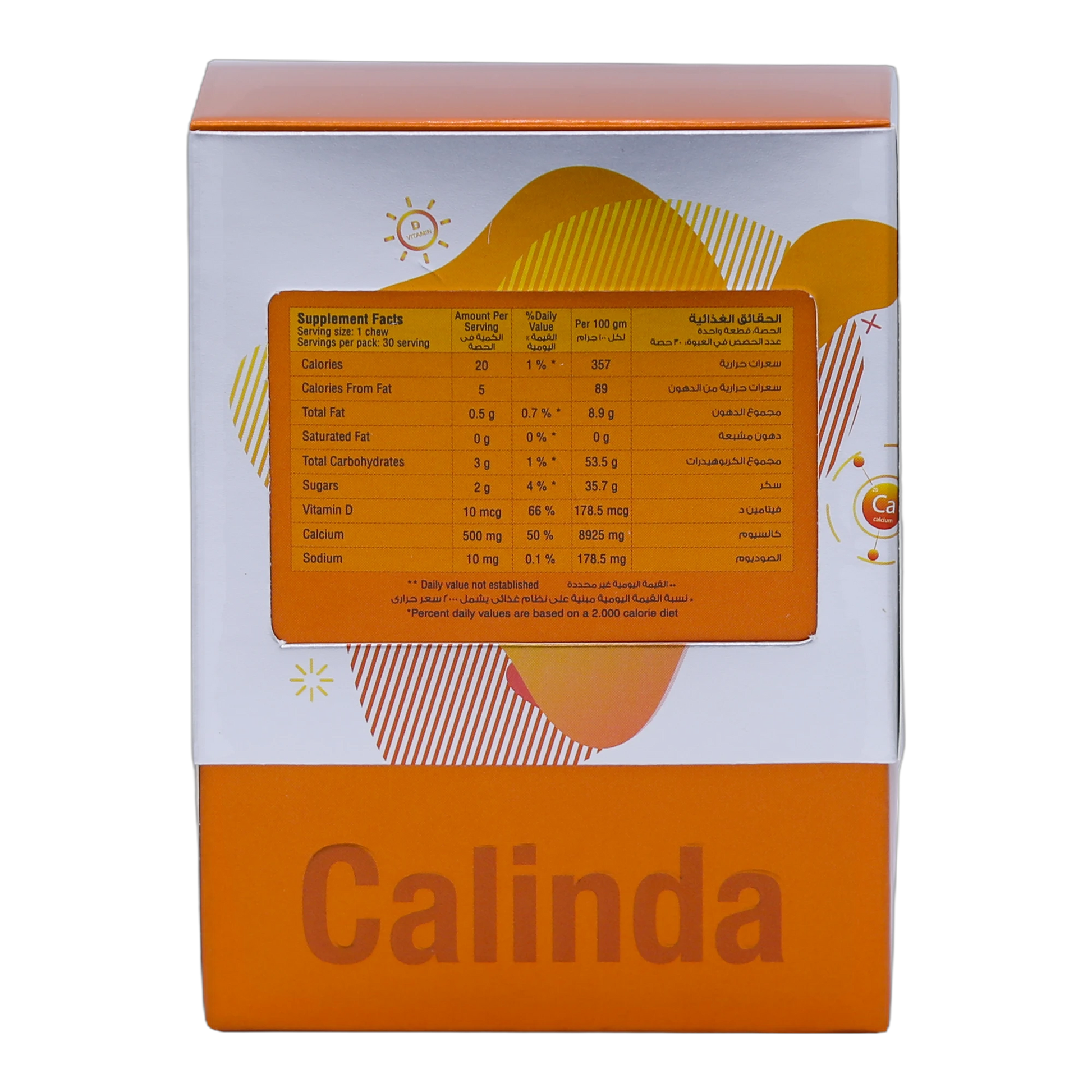 Calinda Calcium 0.5g with Vitamin D3 400 IU Milk Chocolate Flavor 30 Pieces