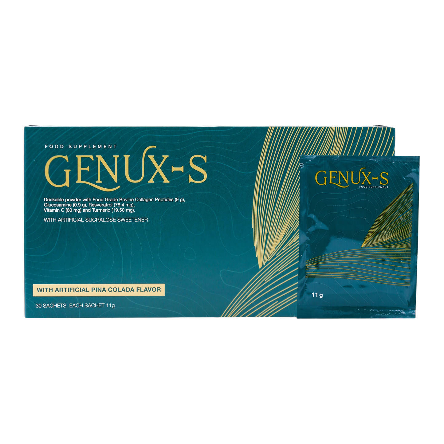 Genux-S – Fortigel Collagen Glucosamine Resveratrol and Curcumin Pina Colada Flavor 30 Sachets