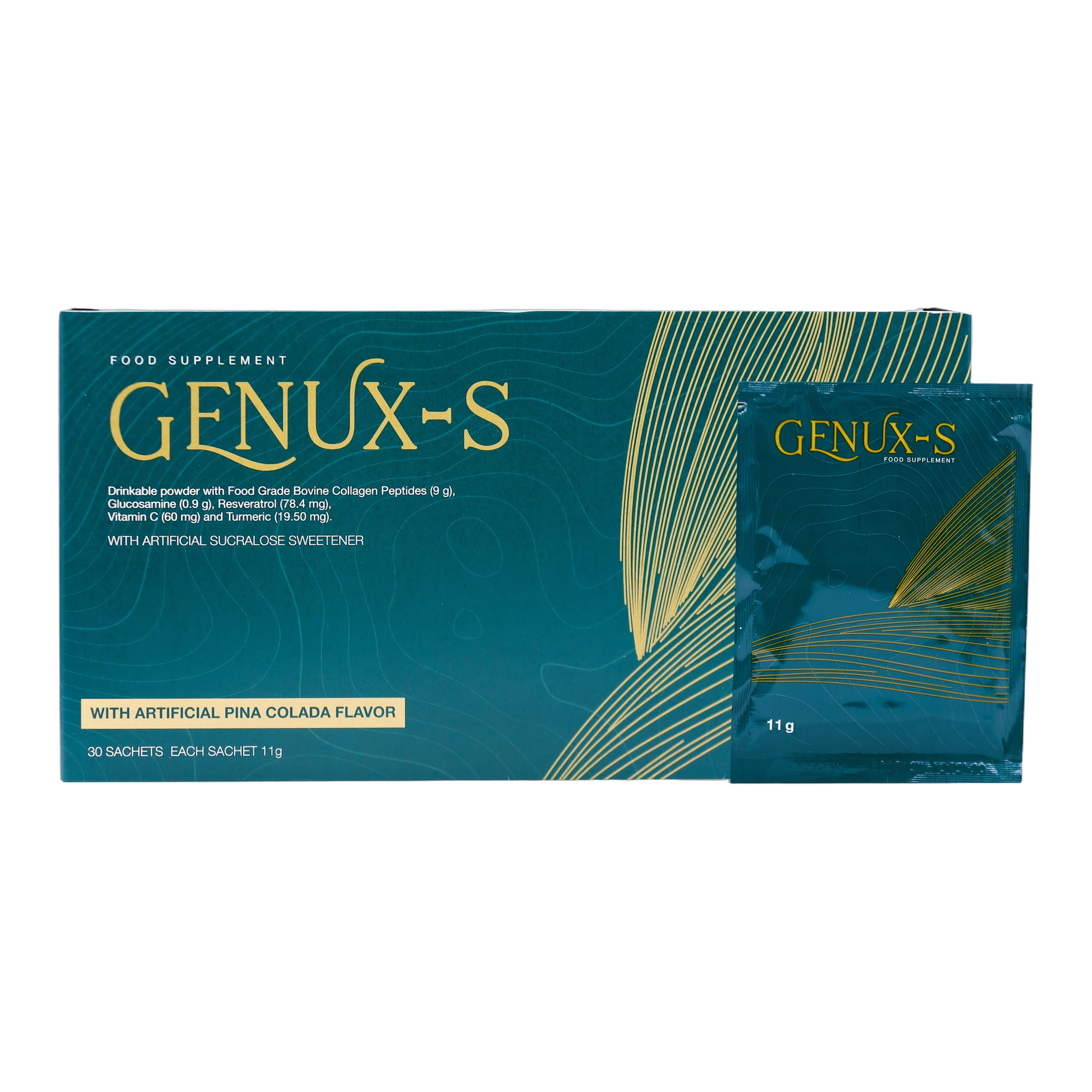 Genux-S – Fortigel Collagen Glucosamine Resveratrol and Curcumin Pina Colada Flavor 30 Sachets