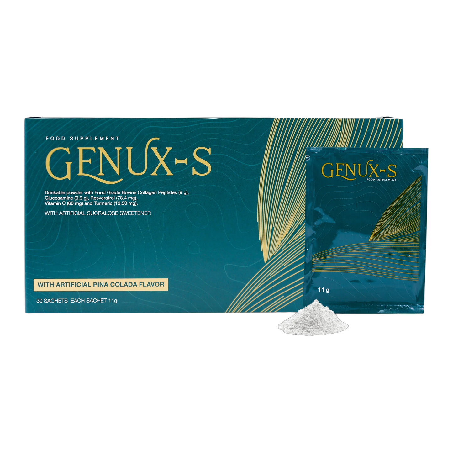 Genux-S – Fortigel Collagen Glucosamine Resveratrol and Curcumin Pina Colada Flavor 30 Sachets