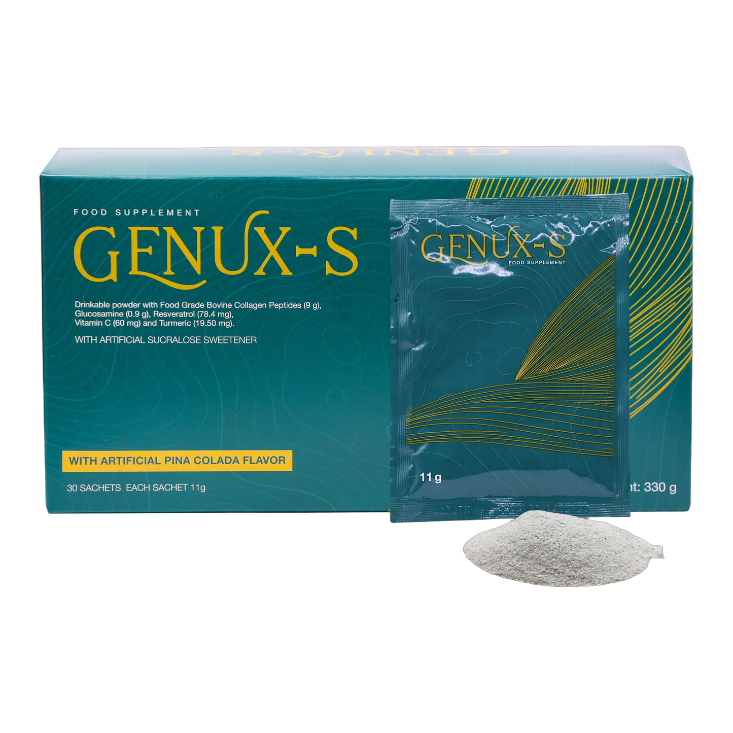 Genux-S – Fortigel Collagen Glucosamine Resveratrol and Curcumin Pina Colada Flavor 30 Sachets