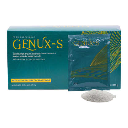 Genux-S – Fortigel Collagen Glucosamine Resveratrol and Curcumin Pina Colada Flavor 30 Sachets