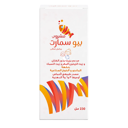 شراب بيوسمارت، زيت زيتون بكر ممتاز 1 غرام، زيت بذور الكتان 0.5 غرام، وأوميغا 3 1 غرام، بنكهة المانجو والخوخ، 230 مل
