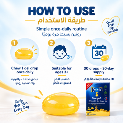 Smarty Omega-3 how to use: one gel drop daily for ages 3 and above