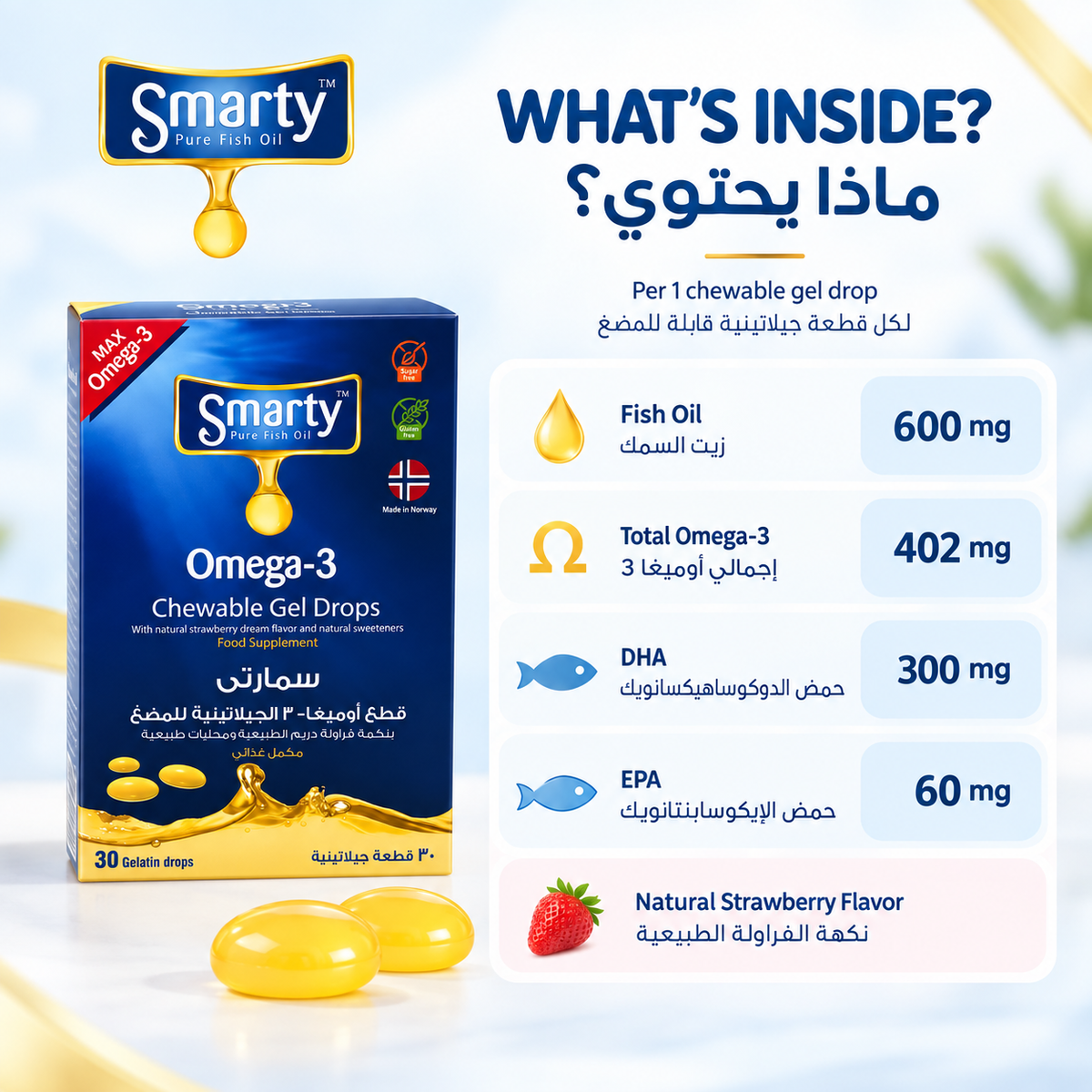 Smarty Omega-3 ingredients: fish oil, total Omega-3, DHA, EPA and strawberry flavor